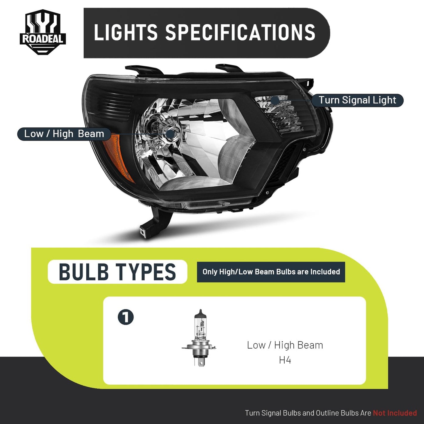 ROADEAL Headlights W/Bulbs for 2012 2013 2014 2015 Toyota Tacoma Halogen Headlamp Replacement Driver & Passenger Side