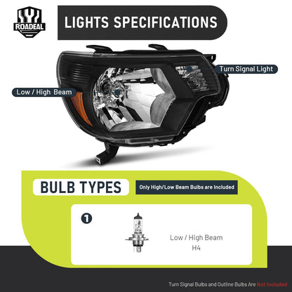 ROADEAL Headlights W/Bulbs for 2012 2013 2014 2015 Toyota Tacoma Halogen Headlamp Replacement Driver & Passenger Side