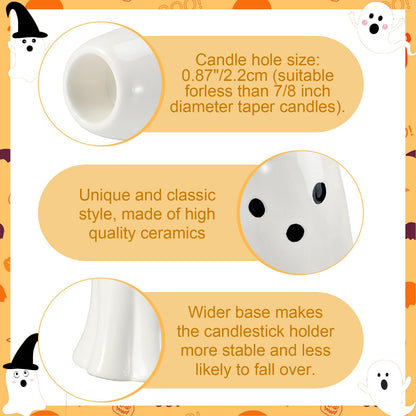 Reallnaive 2 Pcs Halloween Ghost Candlestick Holders Cute Ghost Shape Candle Stick Holders Halloween Ceramic Taper Candleholder for Wedding Party Holiday Office Home Gift Decorative Table Centerpiece