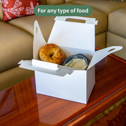 FC Meyer Packaging MeyerBarn White Glossy Chicken Gable Boxes with Handles, Durable Cardboard Food Take Out Cartons, Barn Style Box for Fried Chicken & Meals, 10lb, 8" L x 6" W x 5" H (Pack of 100)