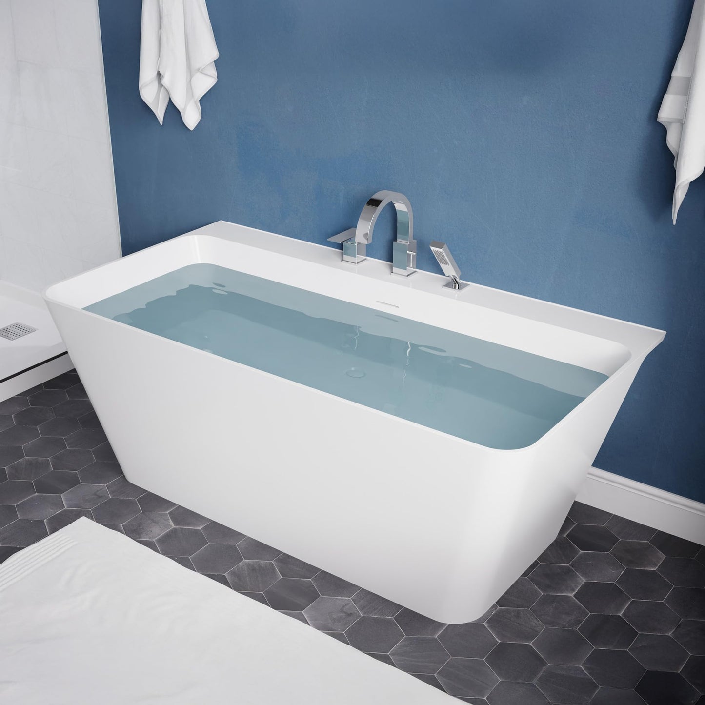 ANZZI Freestanding Tub 59," Acrylic, Modern Stand Alone Soaking Tub, Built In Drain and Overflow, Free Standing Tub with Pre-drilled Faucet Holes, Series (FT-AZ114-59)