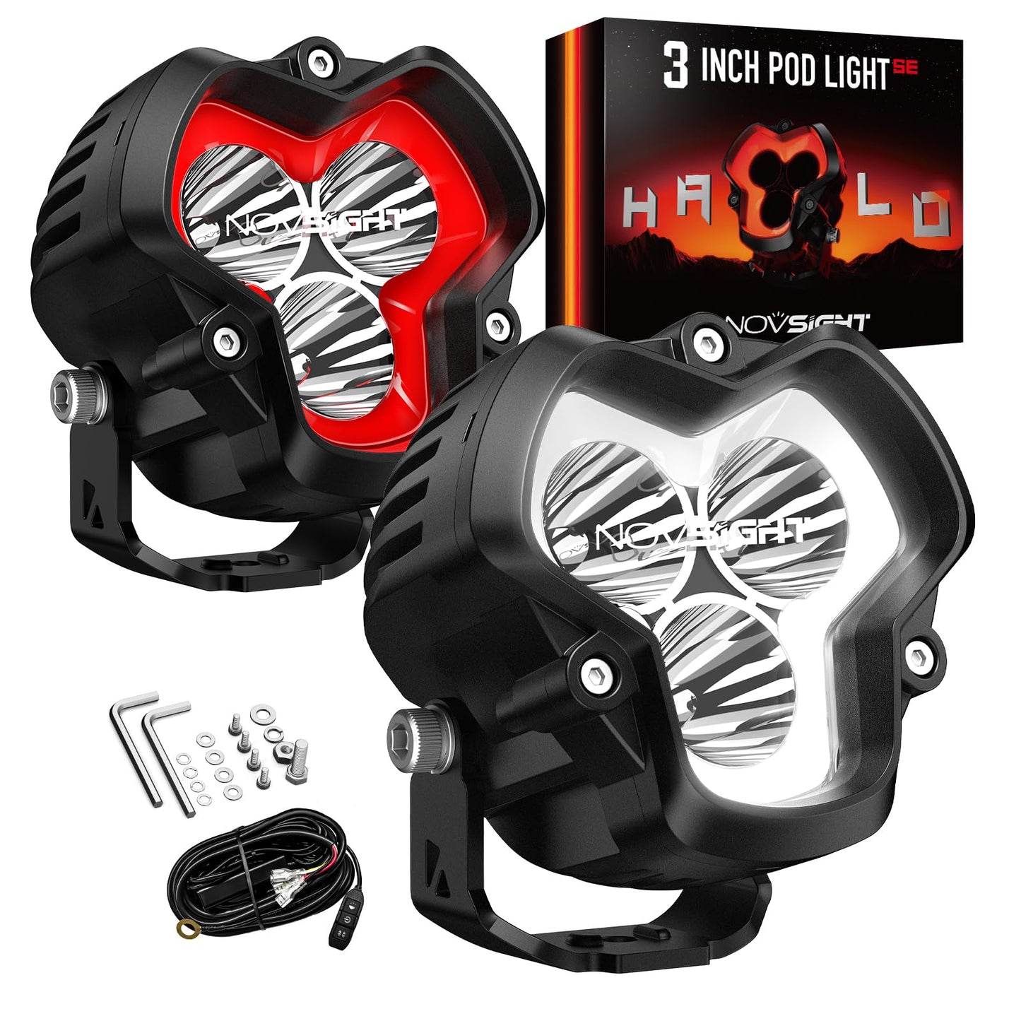 NOVSIGHT Offroad LED Pod Lights - Halo SE Series 3 Inch LED Spot Beam with Red/White DRL, 120W Super Bright Off Road Cube Light for Truck Jeep Pickup Ford ATV, Pair(Red Dot Award 2025 Winner)