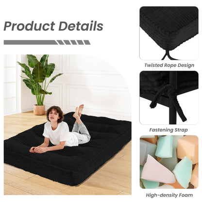 8” Futon Mattress Full Size 54” x 80”, Futon Sofa Couch Bed with Twisted Rope Design Edging, Extra Thick Corded Floor Futon Mattress Sleeping Mat for Adults, Camping, Dorm, Black(Frame Not Included)