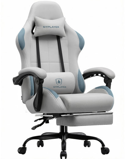GTPLAYER Gaming Chair Fabric with Pocket Spring Cushion,Computer Office Chair with Lumbar Support for Adults Linkage Armrests and Footrest Ergonomic Gamings Chairs Height Adjustable Gray