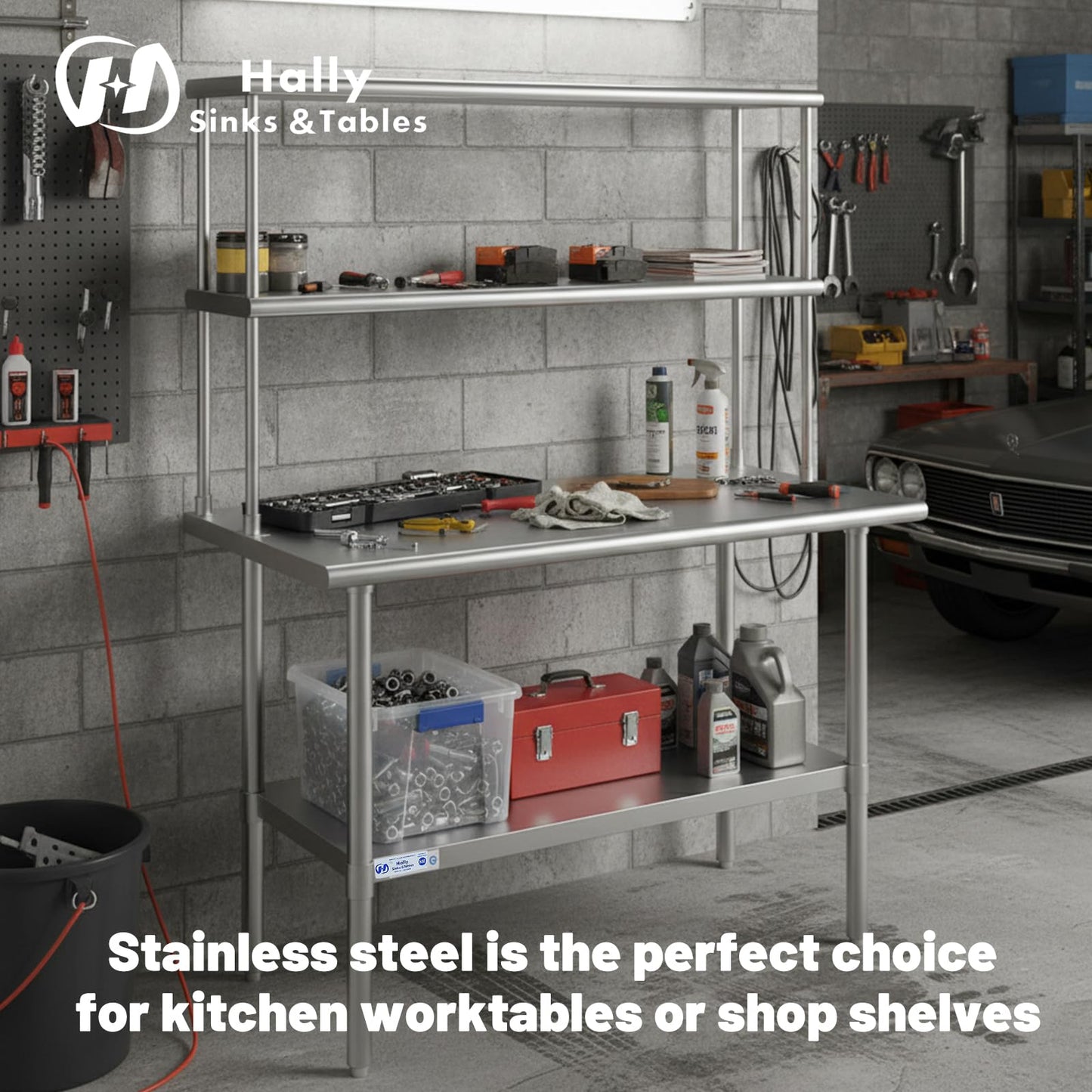 Hally Double Overshelf of Stainless Steel 12'' x 72'' Weight Capacity 420lb, Commercial 2 Tier Shelf for Prep & Work Table in Restaurant, Home or Kitchen