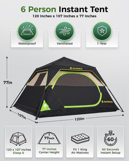 6 Person Instant Tent, Camping Tent Setup in 60 Seconds, Waterproof Pop Up Tents for Camping with Top Rainfly, Instant Cabin Tents with Portable Carry Bag for Family Camp & Hiking, Black + Brown