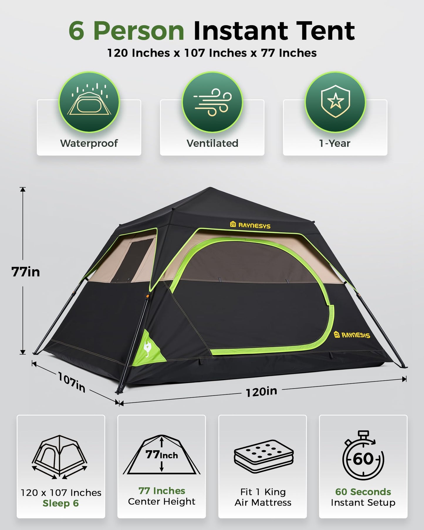 6 Person Instant Tent, Camping Tent Setup in 60 Seconds, Waterproof Pop Up Tents for Camping with Top Rainfly, Instant Cabin Tents with Portable Carry Bag for Family Camp & Hiking, Black + Brown