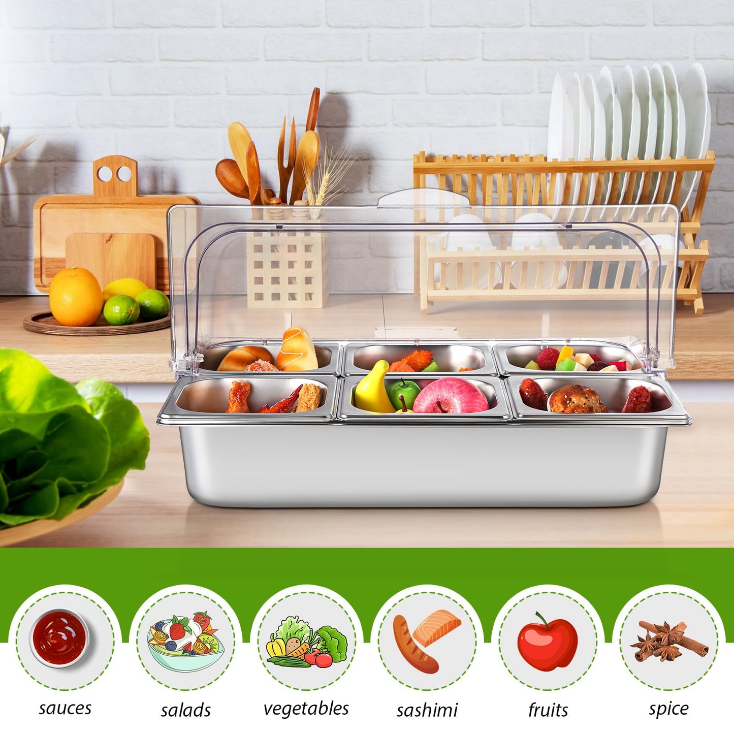 Ziliny 6 Pan Countertop Ice Food Serving Display Container with Clear Roll Top Cover, Stainless Steel Serving Tray Buffet Condiment Dispenser for Restaurant Hotel Kitchen Party