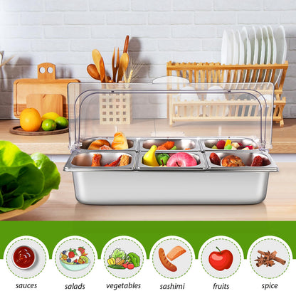 Ziliny 6 Pan Countertop Ice Food Serving Display Container with Clear Roll Top Cover, Stainless Steel Serving Tray Buffet Condiment Dispenser for Restaurant Hotel Kitchen Party