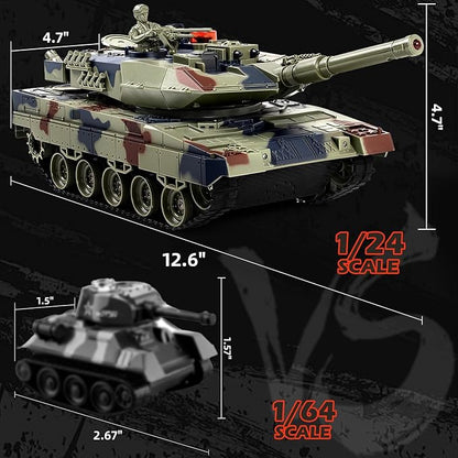 1/24 Remote Control Tank 2.4GHz German Leopard II RC Tank &amp Recoil Force &amp 330°Turret Rotation. Army Toys Infrared Battle Toys with Smoke and Sound Effect Gift for Boys