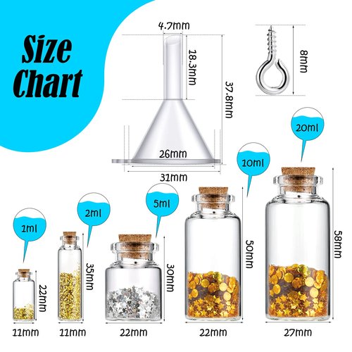 Geiserailie 45 Pcs Mini Glass Bottles with Cork Stoppers Spell Jar Mini Glass Vials Potion Bottles Clear Wishing Jars with 50 Eye Screws 3 Funnels for Party Favors DIY Art Crafts Decoration(Medium)