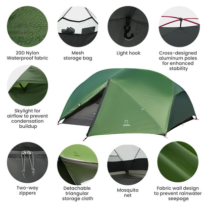 ATEPA Voyage 2 Person Backpacking Tent, 4 Season Camping Tent Two Person, 4000mm Waterproof 20D Nylon Rainfly & Aluminum Frame for Backpacking Hiking Outdoor Car Camping Motorcycle Cycling, Green