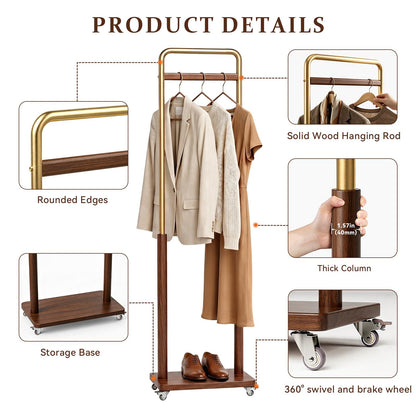 Taitiy Clothes Rack Solid Wood Coat Rack, Metal and Solid Wood Combination Clothing Rack with Wheels for Entryway, Bedroom, Living Room, Coat Racks Freestanding for Hanging Clothes Garment Scarf