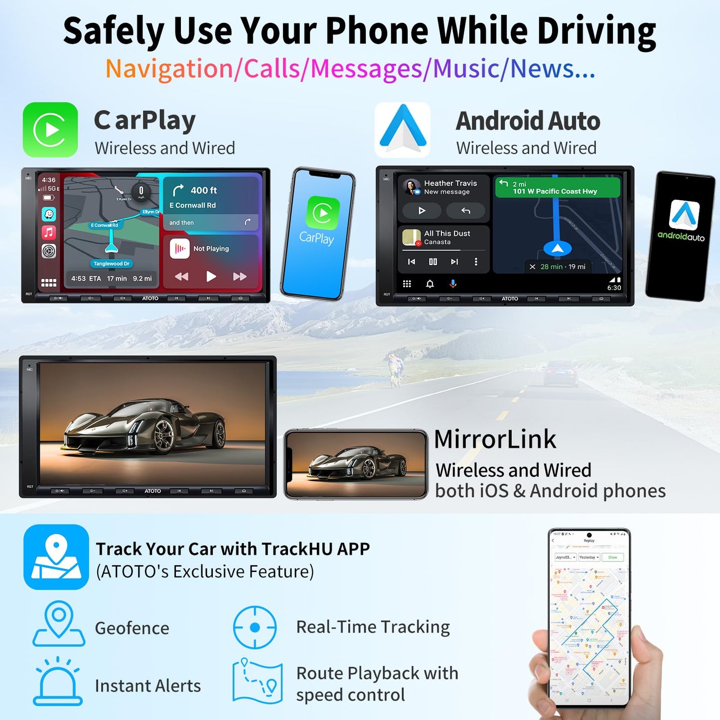 ATOTO A6PF Android Double-DIN Car Stereo, Wireless CarPlay, Wireless Android Auto, Mirrorlink, 7" Touchscreen in-Dash Navigation, GPS Tracker, WiFi/BT/USB Tethering, HD LRV, 2G+32G, A6G2A7PF