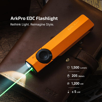 OLIGHT ArkPro EDC Flat Flashlight Rechargeable with Green Beam, UV and White LED,1500 Lumens USB-C Pocket Camping Flashlight, Spotlight Floodlight for Outdoor Emergency Working (Orange CW)