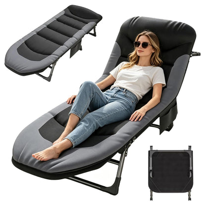 OVLRIJP Folding Lounge Chairs for Outside, Portable Camping Cot, 6-Position Chaise Lounge Chairs with Side Pocket and Mattress, Heavy Duty Chaise Lounges for Outdoor Patio Balcony Beach (Black)