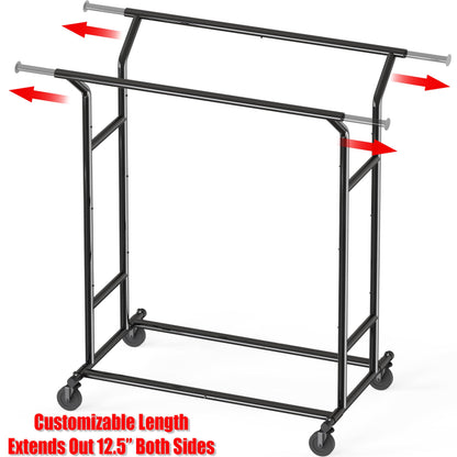 Simple Houseware Heavy Duty Double Rail Clothing Garment Rack, Holds Up to 200 lbs, 43 to 67 Inches Extendable Rod, Black