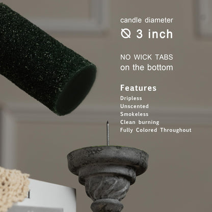 MOZEAL Hand-Poured Granular Texture Decorative Dark Green Pillar Candles Set of 3 (3"x4", 5", 6"), Approx 300 Hours Burn Time, Dripless, Unscented, Smokeless, for Christmas Winter Holidays Decor