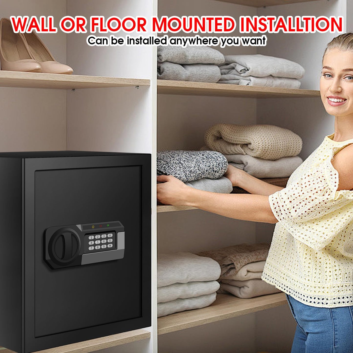 3.4 Cub Large Safes for Home Use Fire and Water Proof, Anti-Theft Digital Security Safe Box with Electronic Keypad and Key, Fire Proof Safe for Home Documents Firearm Medicine Money Valuables