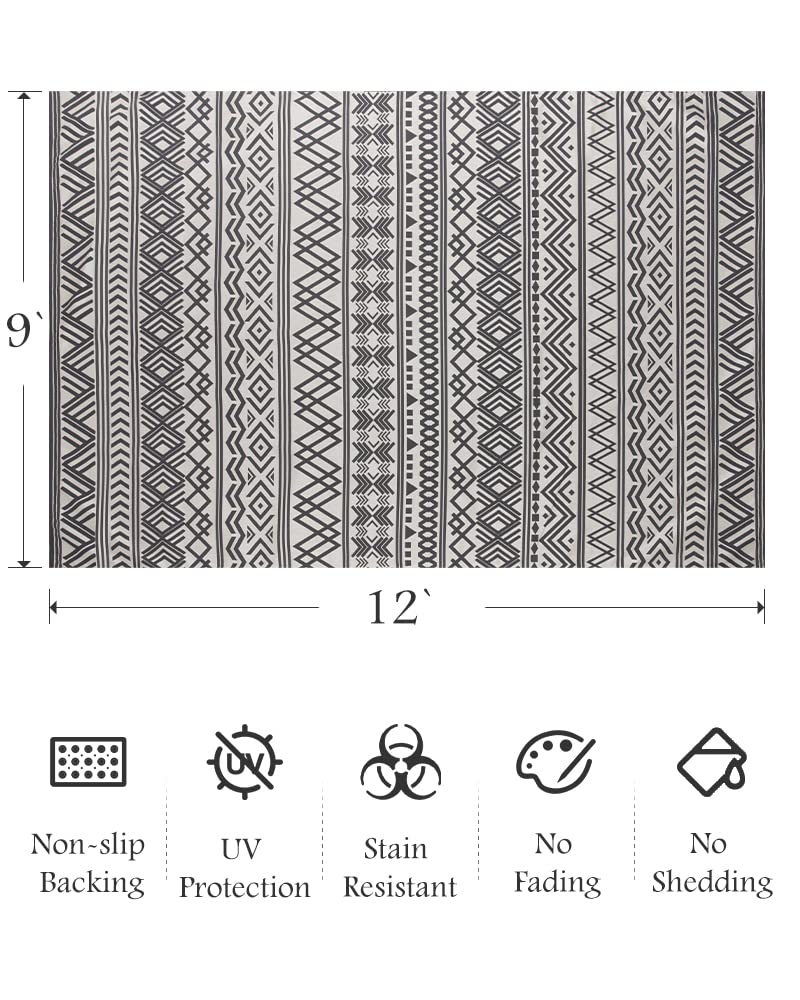 Outdoor Rug Carpet 9x12 ft, Flatweave Textured Outdoor Patio Rug Non Slip Indoor Outdoor Rugs with Rubber Particles Backing Boho Outdoor Area Rug for Patio Deck Front Porch Backyard Balcony