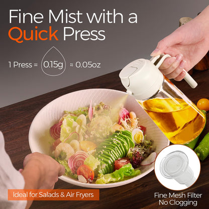 YRRAMATE 16oz/470ml Glass Olive Oil Sprayer for Cooking with Stickers, 2 in 1 Oil Dispenser for Kitchen Gadgets, Food Grade Premium Spray Bottle for Salad, Frying, BBQ (Creamy White)
