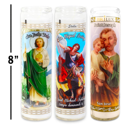 3 Pack Religious Set - Bundle 8" Saint Joseph, Saint Jude, and Michael The Archangel Candles for Vigils, Prayers, More | White Candles in Glass