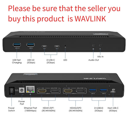 WAVLINK Universal USB C Laptop Docking Station Dual Monitors 5K/4K@60Hz with 65W Host Charging for Thunderbolt 4/3, USB-C Windows, Mac M1-M5/Macbook Neo, Chrome (2HDMI+2DP), 6USB 3.0, 1Gbps Ethernet