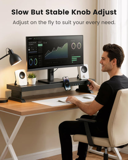 Furnny Height Adjustable Monitor Riser with 6-Port Hub – 37.6" Extra Wide Desk Stand for Dual Monitors, Continuous Height Adjustment 4.33–6.69" via Knob, USB-C Fast Charging, Carbon Steel Black
