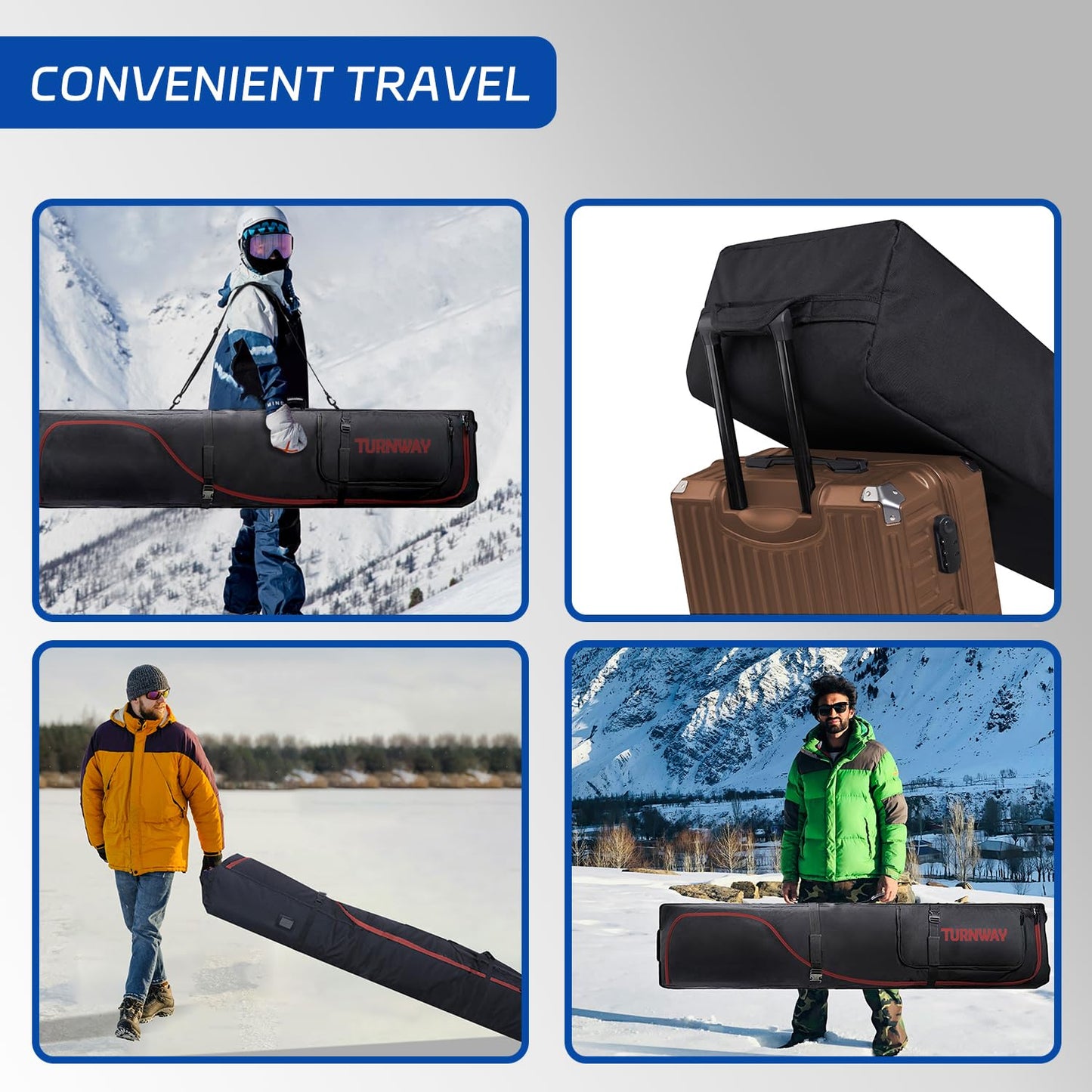 TurnWay Padded Ski Bag with Wheels for Air Travel, Double Rolling Snowboard Bag Heavy Duty Waterproof for Storage & Transportation of Snowboard/Ski Gear (Black-Red)
