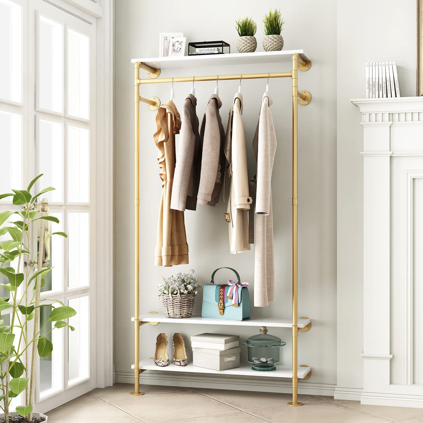 Smlttel Gold Wall Clothing Racks with White Shelves, Wall Mounted Gold Clothes Rack for Hanging Rods，Heavy Duty Industrial Pipe Clothing Racks With Shelves Retail Display Garment Rack for Home
