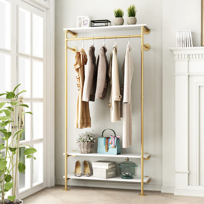 Smlttel Gold Wall Clothing Racks with White Shelves, Wall Mounted Gold Clothes Rack for Hanging Rods，Heavy Duty Industrial Pipe Clothing Racks With Shelves Retail Display Garment Rack for Home
