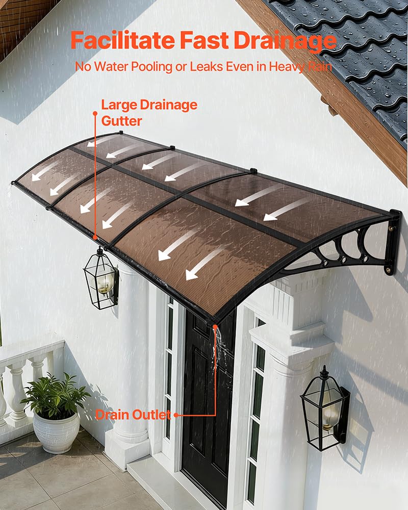 VEVOR Awnings for Door Entrance, 38" x 117" Window Door Awning Canopy Exterior with Drainage & ABS Bracket, Polycarbonate Cover Patio Door Awnings for Sun, UV, Rain, Snow Protection（Brown）