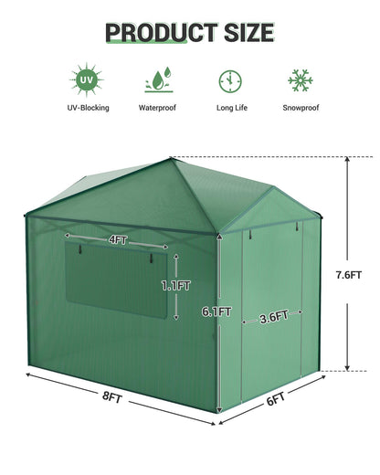 6x8 FT Pop-Up Greenhouse with Durable PE Cover, 96"x72" Large Grow Tent for All Seasons | Features Zippered Doors & Mesh Windows for Indoor/Outdoor Plants, Easy to Assemble (Green)