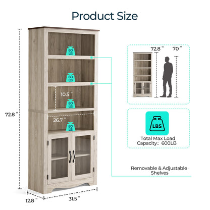 LINSY Bookshelf with Doors, 6 Shelf Bookcase Tall Bookshelves, 73" Farmhouse Book Shelf with Storage Cabinet, Wood Book Shelves for Living Room, Bedroom, Office, Rustic White