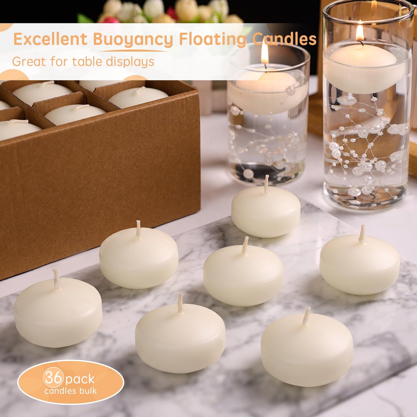 GINITIRI 36 Pack Floating Candles,2 inch Ivory Unscented Dripless Floating Candle for Centerpieces,5-6H Burning 2" Water Candles Bulk for Cylinder Vases,Weddings,Christmas Party,and Holiday