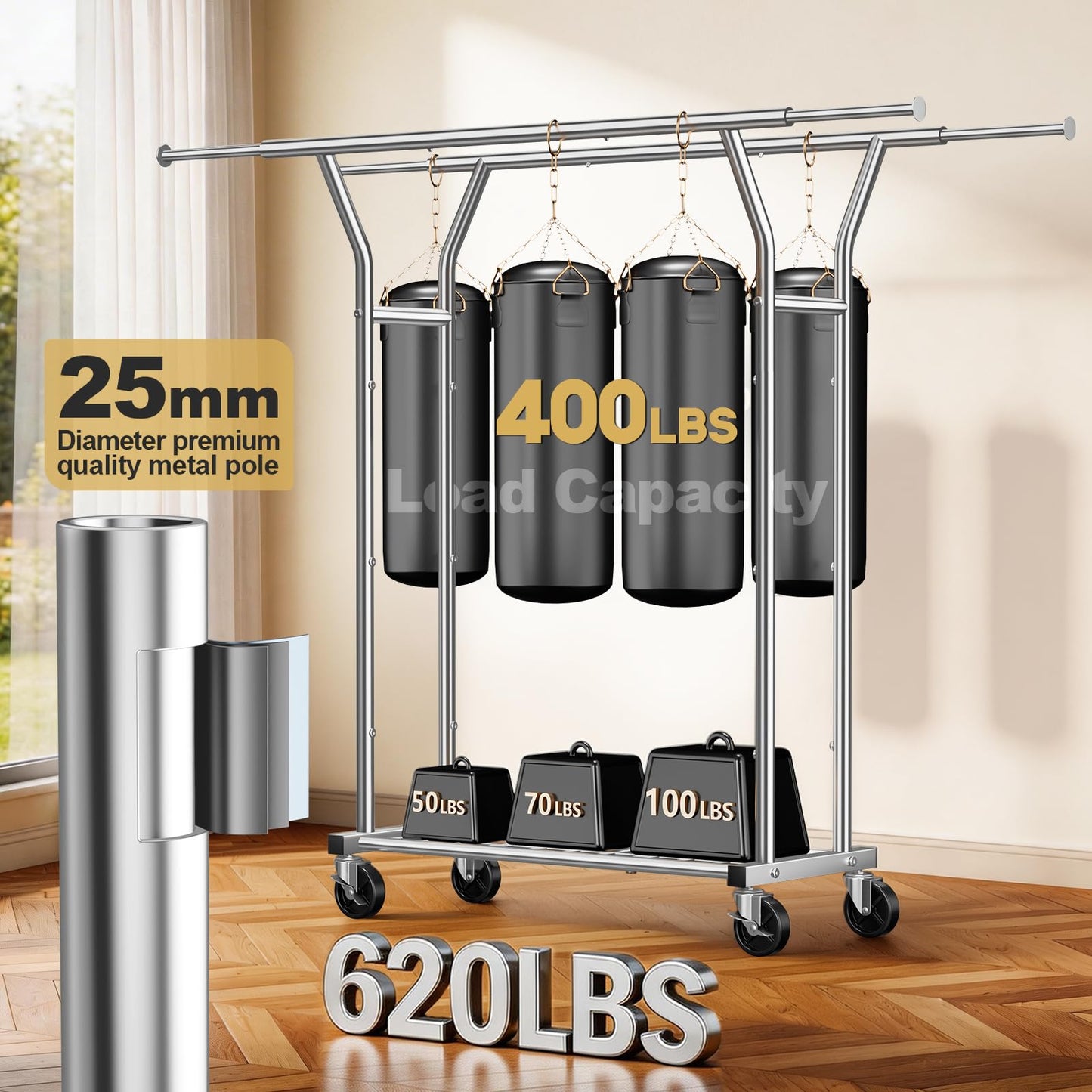 LZNIOZ Heavy Duty Clothes Rack - Load 620 LBS, Rolling Clothing Rack for Hanging Clothes with Lockable Wheels & Shelves, Extendable Double Rod Garment Rack for Bedroom, Laundry, Living Room, Silver