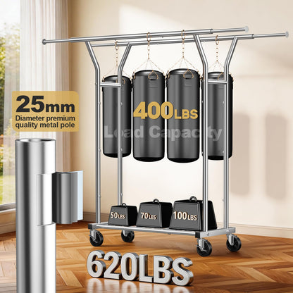 LZNIOZ Heavy Duty Clothes Rack - Load 620 LBS, Rolling Clothing Rack for Hanging Clothes with Lockable Wheels & Shelves, Extendable Double Rod Garment Rack for Bedroom, Laundry, Living Room, Silver