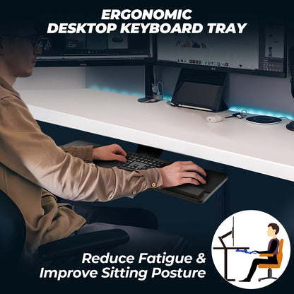 Keyboard Tray Under Desk， 360° Adjustable Slide Out Keyboard Tray Under Desk with Mouse Pad & Wrist Rest，Ergonomic Large Size Keypad Tray Holder， Suitable for Office/Game/Home