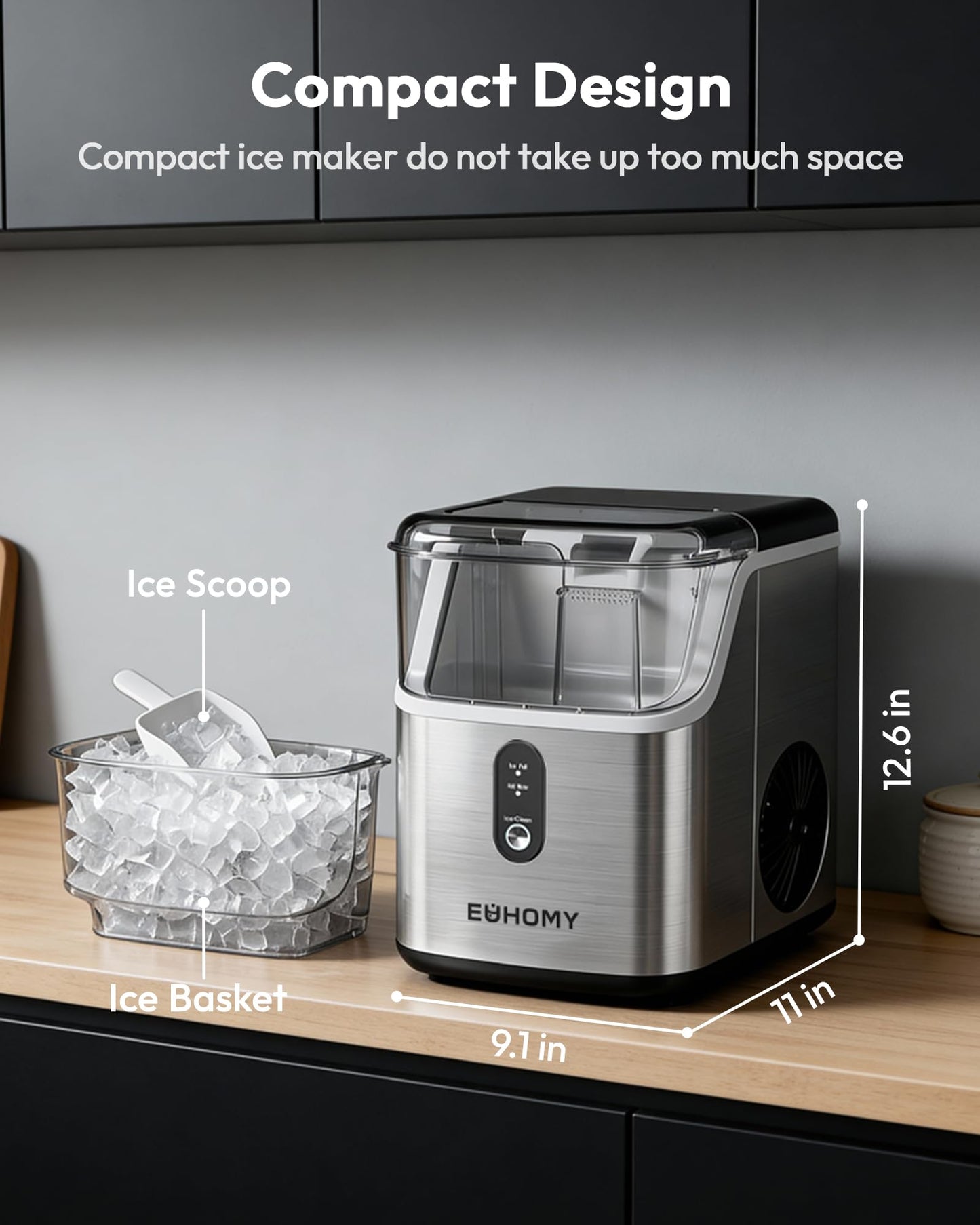 EUHOMY Nugget Ice Maker Countertop, Ready in 7 Mins, 35Lbs/24H Pebble Ice Maker Machine, Self-Cleaning Countertop Sonic Ice Makers with Ice Scoop&Basket, Pellet Ice Maker for Home, Stainless Steel