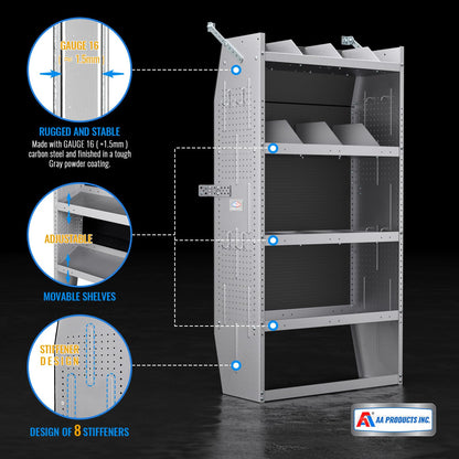AA Products SH-6003 Steel Mid/High Roof Van Shelving Storage System Fits Transit, NV, Promaster and Sprinter, Van Shelving Units, 32''W x 60''H x 13''D