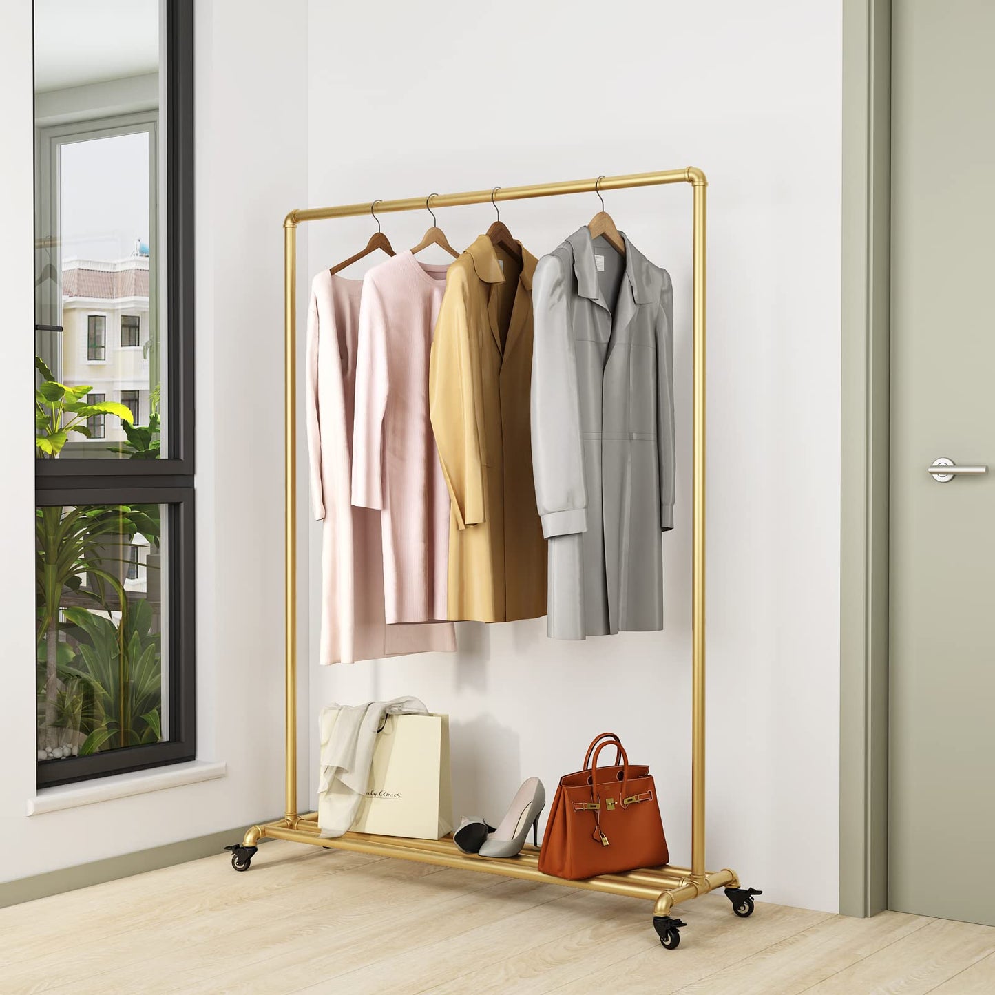FONECHIN Industrial Gold Clothing Racks on Wheels, Boutique Display Gold Clothes Rack with Shelf, Rolling Garment Rack for Retail Use