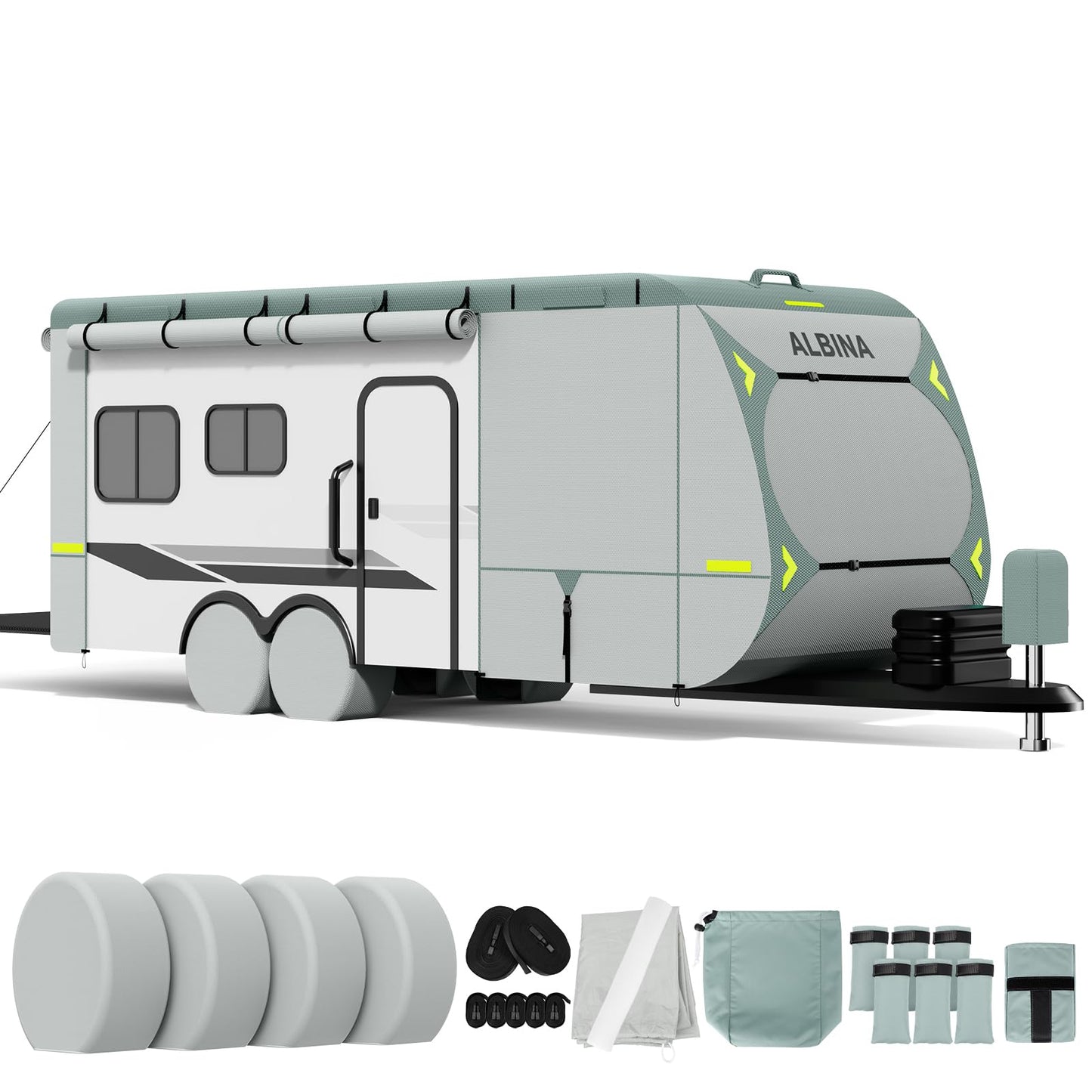 ALBINA 300D Oxford Travel Trailer RV Cover, 22-24" Waterproof Tearproof Windproof Camper for Winter Snow With Zipper Door, Jack Cover, 4 Tire Covers and Wind Protector Straps