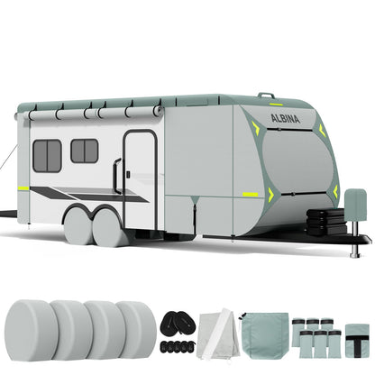 ALBINA 300D Oxford Travel Trailer RV Cover, 22-24" Waterproof Tearproof Windproof Camper for Winter Snow With Zipper Door, Jack Cover, 4 Tire Covers and Wind Protector Straps