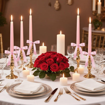 MTLEE 24 Pcs Taper Candles Bow Candle with 72 Ft Ribbons Bows Unscented and Smokeless 0.87 x 10 Inch Tall Candlesticks with Cotton Wick Long Burning for Wedding Dinner Coquette Holiday Party(Pink)