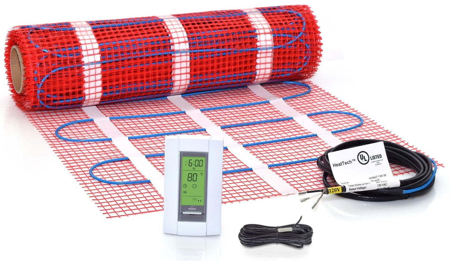 30 sqft Electric Floor Heating Mat Kit, 120V Electric Radiant Floor Heat Heating Mat System with Aube Programmable Floor Sensing Thermostat w/Floor Sensor. Tile, Stone, Marble, Laminate, Vinyl, Wood