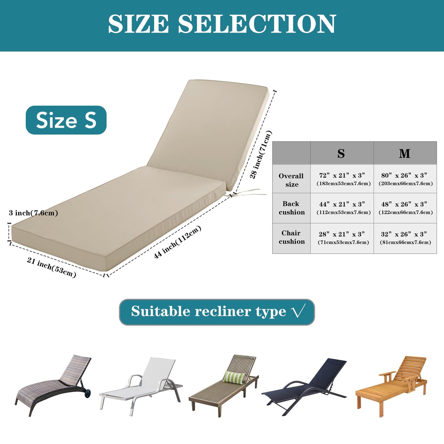 Comcaver Outdoor Chaise Lounge Cushion Set of 2, Fadesafe Water-Repellent Lounge Deck Reclining Chair Cushions for Patio Furniture Lawn Pool Resort Hotel, 80x26x3 Inch, Cream