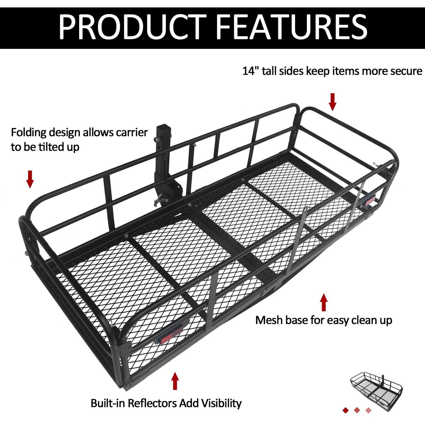 Carivia Folding Hitch Mount Cargo Carrier 60" x 24" x 14" 510 LB Capacity Heavy Duty Cargo Rack Rear Luggage Basket Fits 2" Receiver for Car SUV Pickup Trailer Camping