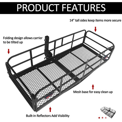 Carivia Folding Hitch Mount Cargo Carrier 60" x 24" x 14" 510 LB Capacity Heavy Duty Cargo Rack Rear Luggage Basket Fits 2" Receiver for Car SUV Pickup Trailer Camping