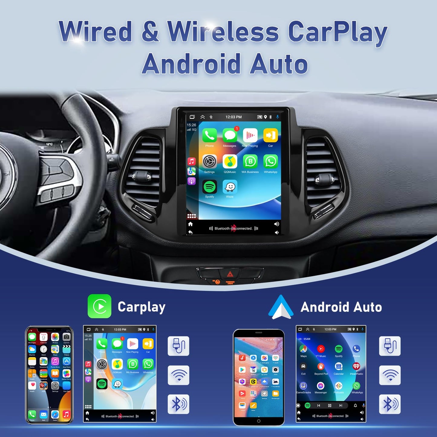 [2G+64G] Volxcereo Car Radio for Jeep Compass 2017 2018 2019, 9.7 inch Vertical Android Touchscreen Stereo with Carplay/Android Auto, GPS Navigation, WiFi, Bluetooth, SWC, FM/RDS, EQ