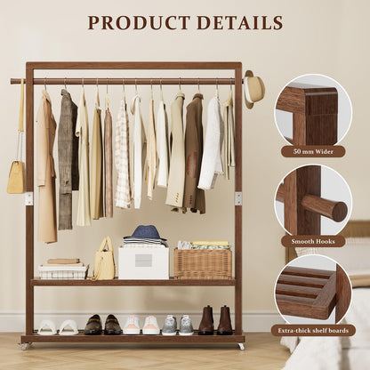 Wamhom Solid Wood Clothes Rack with Wheels | 3-in-1 Freestanding Garment Rack & Coat Tree, Extra-Long Rod, Two Shelves, 220 lb Load | Organizer for Bedroom & Entryway